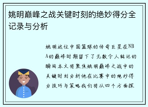 姚明巅峰之战关键时刻的绝妙得分全记录与分析